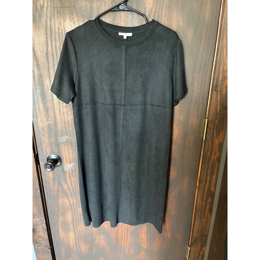 Joh. Black Faux Suede Short Sleeve Shift Dress Crew Neck Womens Medium